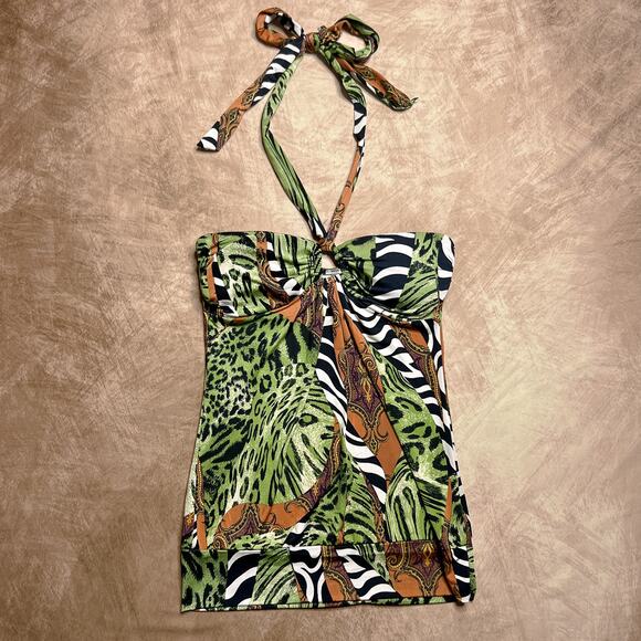 Vintage Y2K Kiwi Sleeveless Animal Print Halter Top Green Paisley Keyhole Neck - Picture 1 of 6